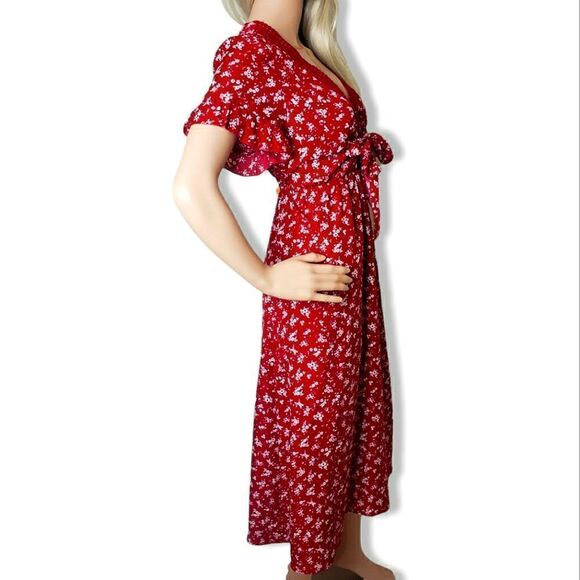 Red Floral Front-Tie Bow Ruffle Sleeved Dress - Picture 6 of 12